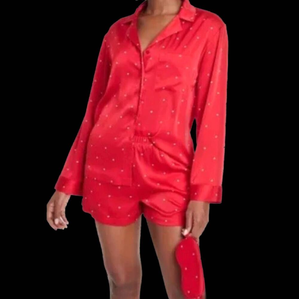 Auden Women's Boxed 3pc Satin Long Sleeve Top Shorts Eye Mask Pajama Set  XL - Picture 3 of 5